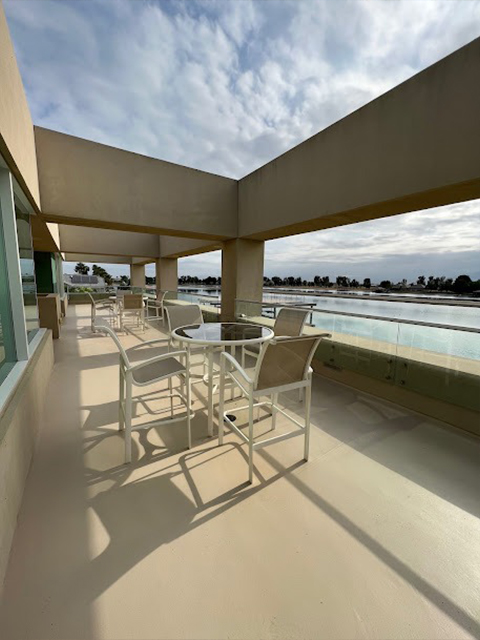 Worker applying balcony coating with roller